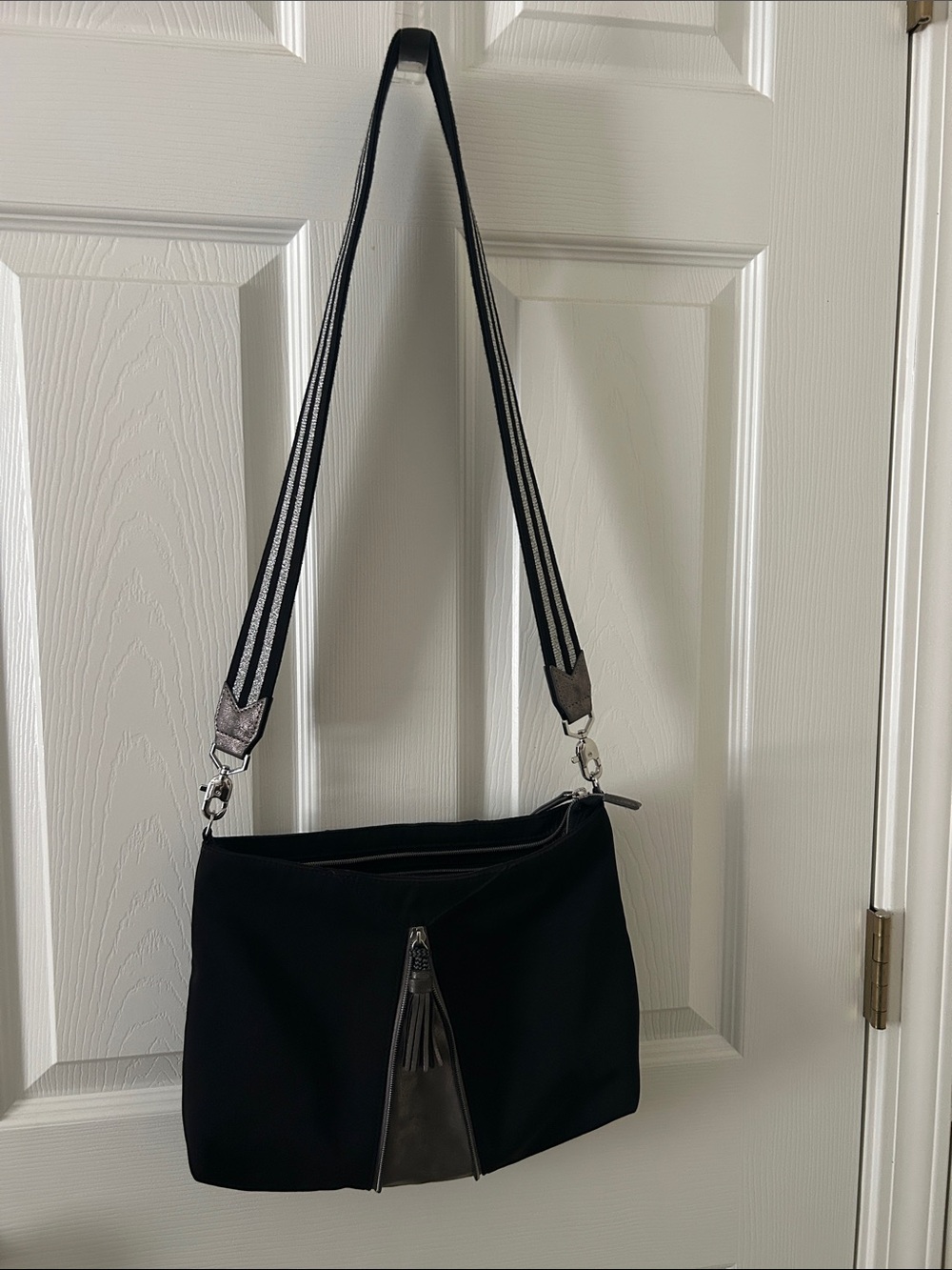Stella & Dot Black Shoulder Bag with Striped Strap and Tassel Accent